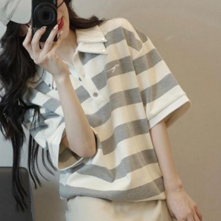 스트라이프 의류 오버핏 상의 캐주얼 반팔 티셔츠 여성
