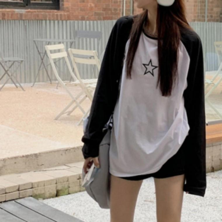 루즈핏 배색 상의 의류 별 자수 여성 티셔츠