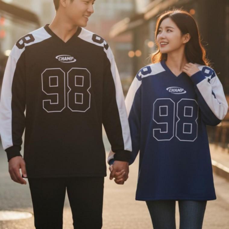 하키 티셔츠 남녀공용 배색 상의 긴팔 의류