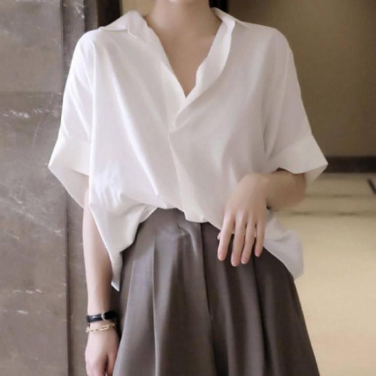 여성 오픈 카라 루즈핏 반팔 셔츠 블라우스 시원한 여름 남방 캐주얼 데일리 코디