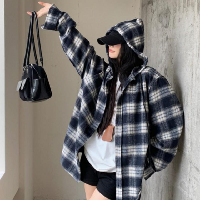 여성 간절기 겨울 남방 기모 체크 후드 셔츠 자켓