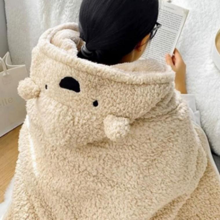학생 곰돌이 후드 입는 귀여운 블랭킷 망토 숄 담요