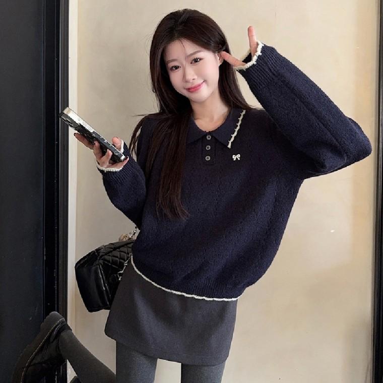 배색 카라 펀칭 리본 니트 LL T224