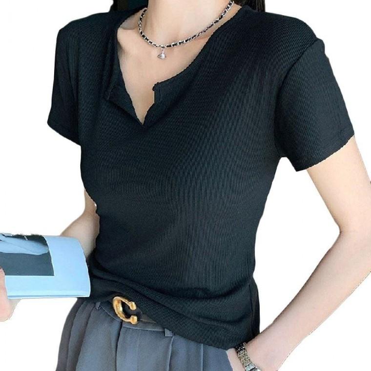 데일리 골지 반팔티 신상 여자 반오픈 슬림 티셔츠