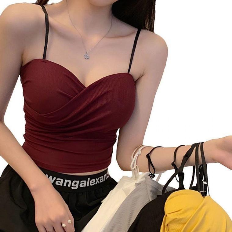 여자 패션 골지 꼬임 캡내장 크롭 끈나시 이너탑
