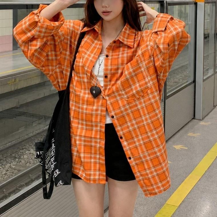 캐주얼 루즈핏 오렌지체크 간절기 셔츠 JGR-1011172