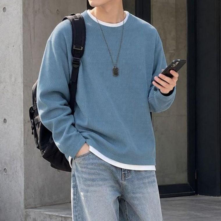 남성 3컬러 배색 레이어드 와플 라운드넥 긴팔 티셔츠