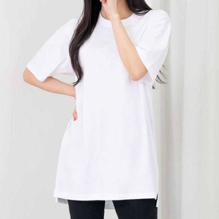 여자 레이어드 화이트 반팔 티셔츠 1P 반팔티 롱면티