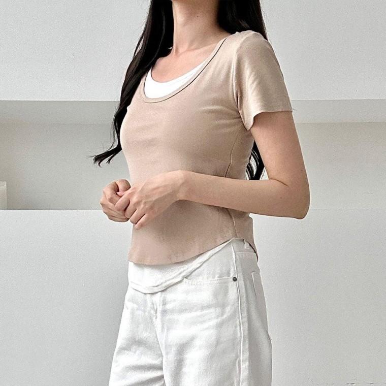 보잇트 스쿱넥 배색 레이어드 반팔티