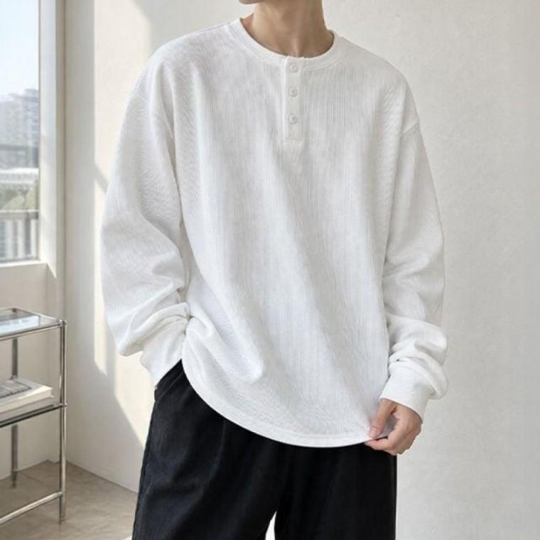 남성 3컬러 캐주얼 와플 헨리넥 긴팔 티셔츠