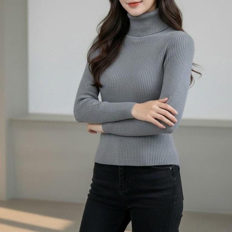 여성 부드러운 소재 골지 짜임 슬림 터틀넥 니트 폴라티