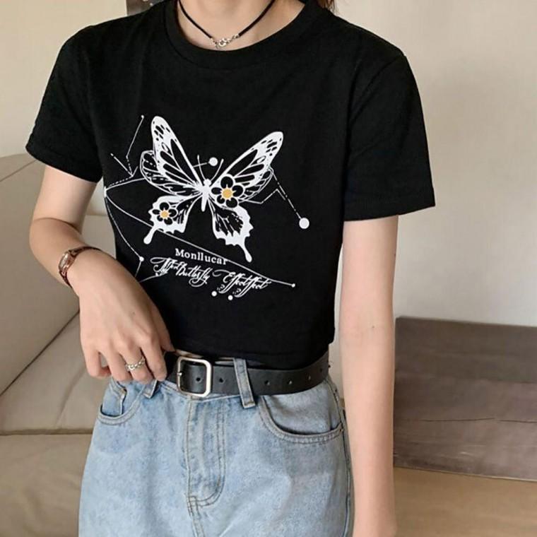 여자 외출 패션 나비 포인트 크롭 스타일 반팔 티셔츠