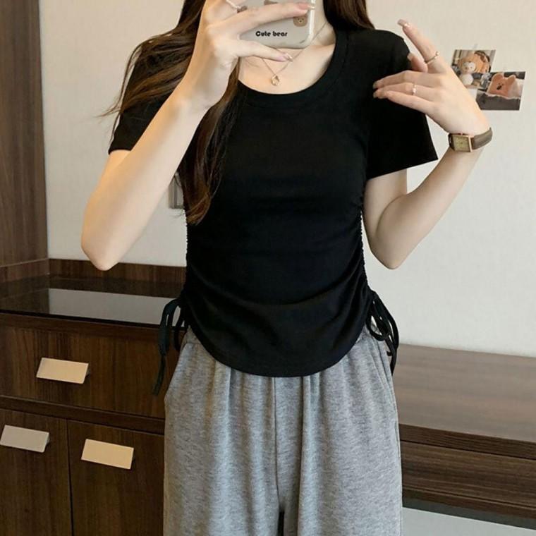 여자 스트링 셔링 포인트 라운드넥 외출 패션 반팔티
