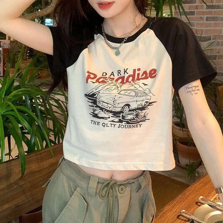 여자 프린팅 포인트 나드랑 라운드넥 크롭 스타일 반팔티