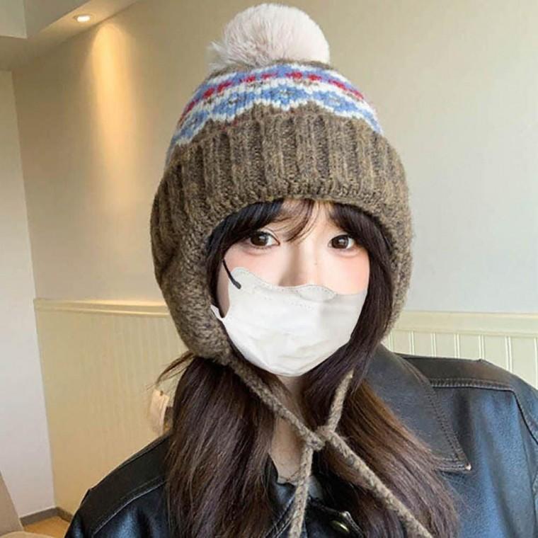 여성 겨울 귀여운 스타일 캐주얼 패션 털 방울 턱끈 패턴 겨울 모자