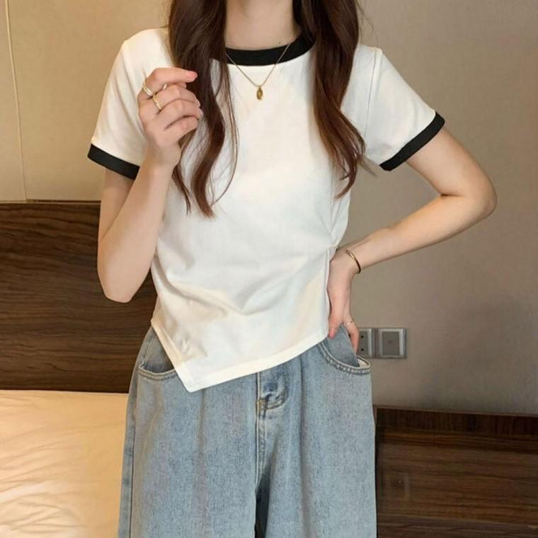 여자 허리 라인 포인트 옆꾜임 배색 라인 반팔 티셔츠