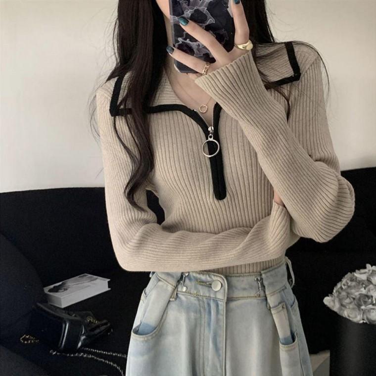 다비스 골지 카라 반지퍼 슬림핏 티셔츠