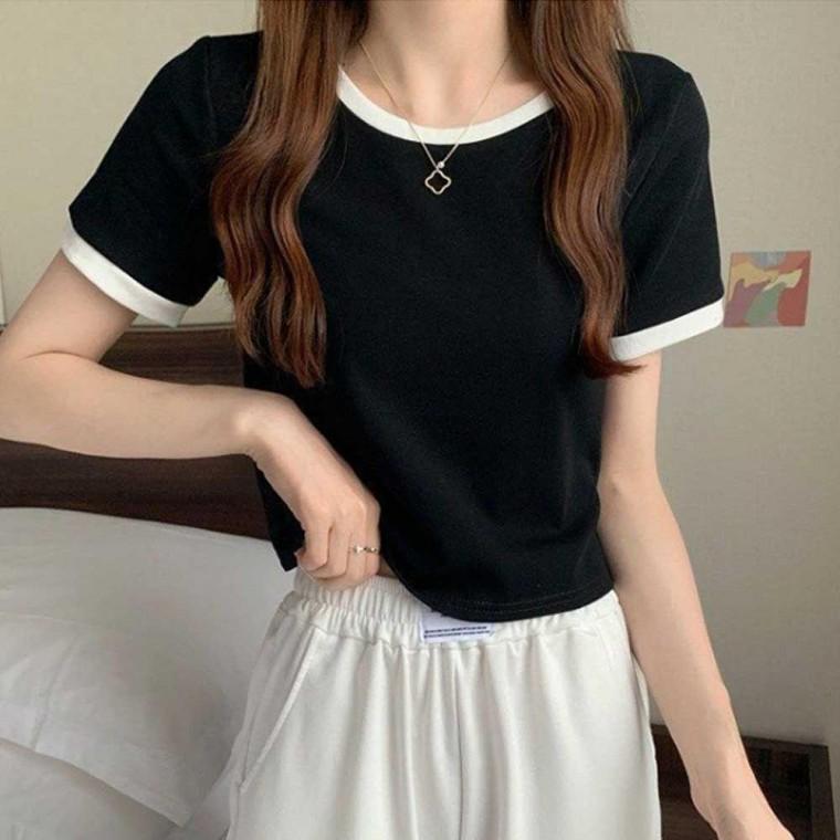 소매 네크라인 배색 반팔 무지 크롭 반팔 티셔츠 코디