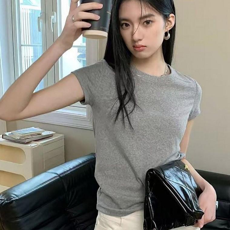 여자 기본 무지 슬림 스타일 반팔 라운드 티셔츠