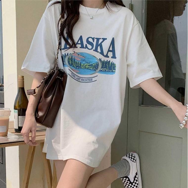 주말 외출 나들이 영문 프린트 오버 핏 반팔 티셔츠