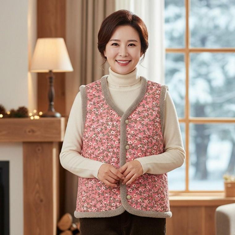 겨울 융털 누빔 조끼 레트로 꽃무늬 김장 기모 조끼