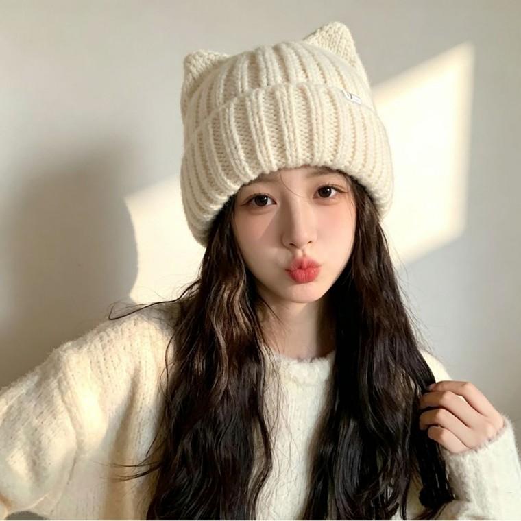 UC-0244 고양이귀 골지겨울모자 니트비니