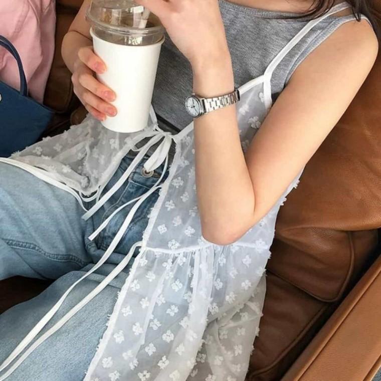 쉬폰 레이어드 롱 나시 레이스 조끼 단품 여자민소매 여름민소매