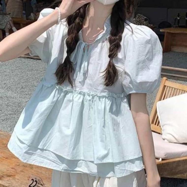 여름 프릴 블라우스 셔링 반팔 프릴블라우스 베이지블라우스