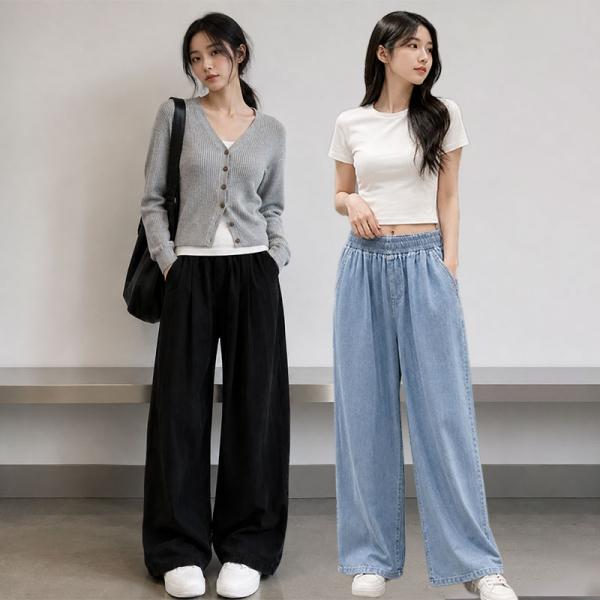 여성 캐주얼 밴딩 루즈 데님 와이드팬츠 BM-619