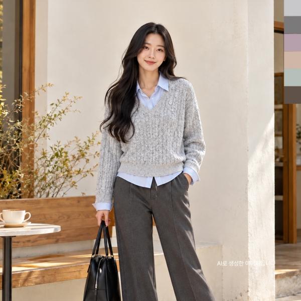여자 데일리 브이넥 케이블 꽈배기 긴팔 니트 CJG 1002W