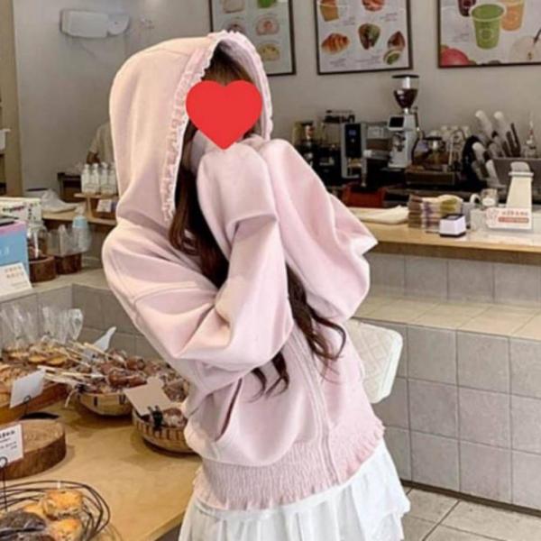 여성 프릴 핑크 후드 집업 캐주얼룩 아우터 봄 여름 가디건