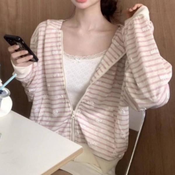 여성 핑크 스트라이프 후드집업 리본 루즈핏 단가라 아우터