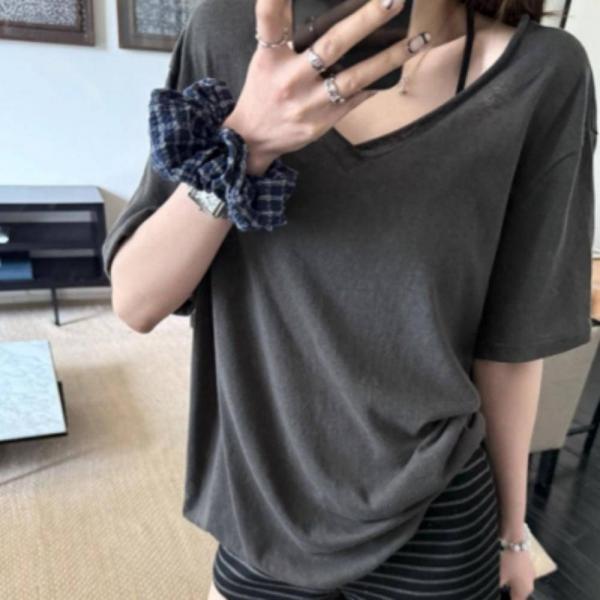 여성 루즈핏 브이넥 반팔티 기본 무지 면티셔츠 여름 반팔티