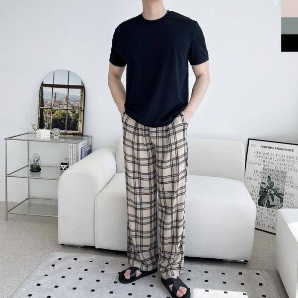 남성 시원 쿨소재 체크 핀턱 와이드 밴딩 팬츠 편한바지 데일리팬츠