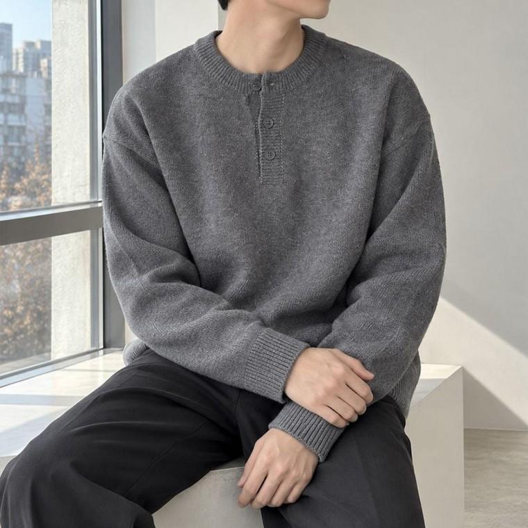 남성 헨리넥 라인 버튼 니트 긴팔 스웨터 데일리 상의