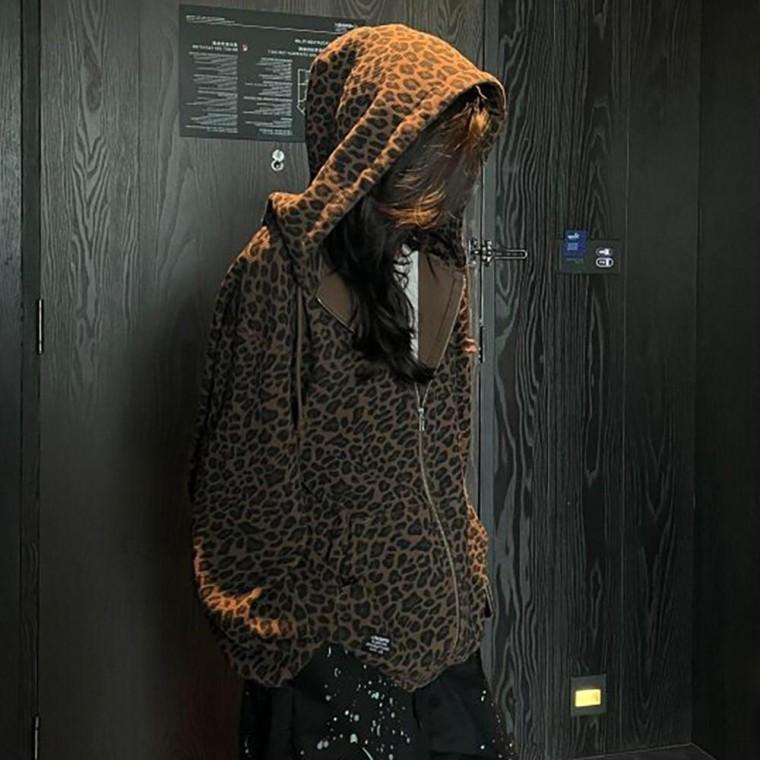 여성 레오파드 호피 패턴 루즈핏 후드집업 아우터 상의
