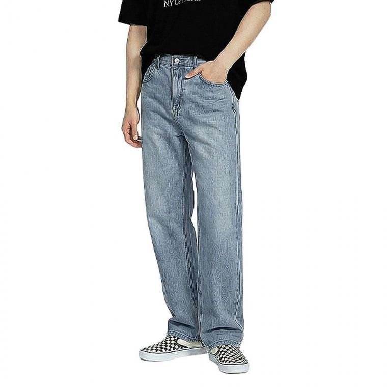 남성 연청 중청 워싱 밴딩 세미 와이드 데님 팬츠