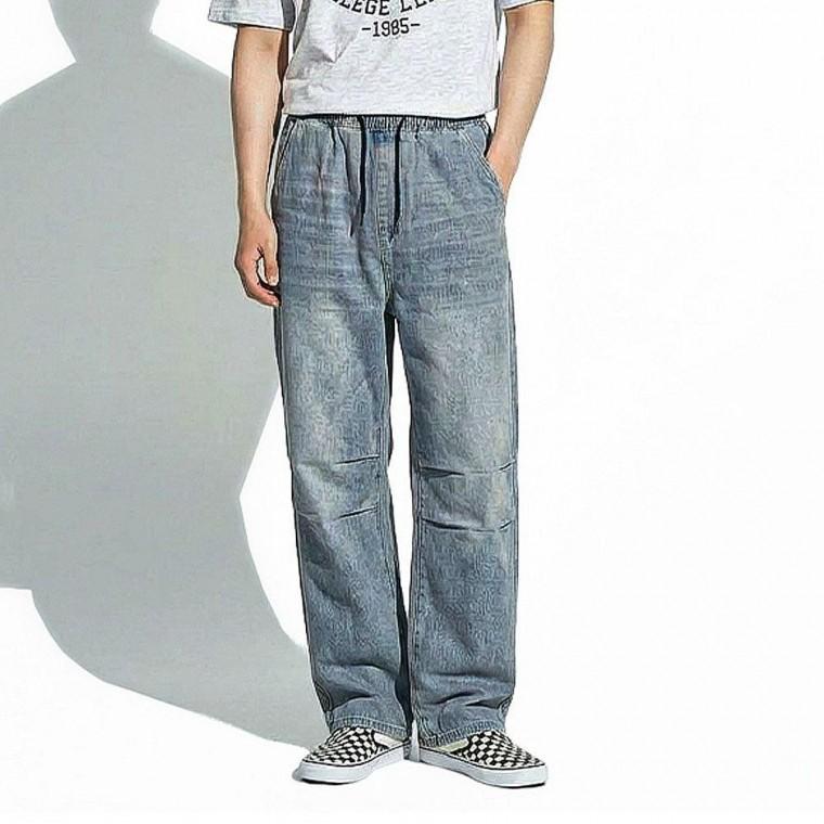 남성 워싱 와이드 밴딩 스트링 데님 팬츠 캐주얼 바지
