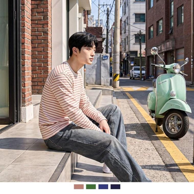남성 스트라이프 긴팔 티셔츠 코튼 데일리 캐주얼 상의