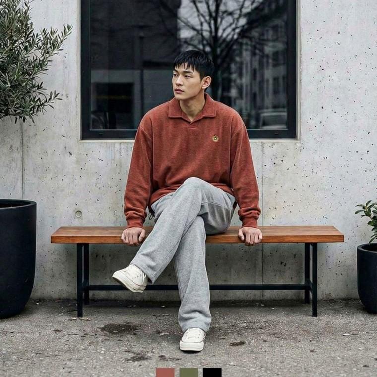 남성 오버핏 카라 니트 스트링 티셔츠 긴팔 맨투맨 상의