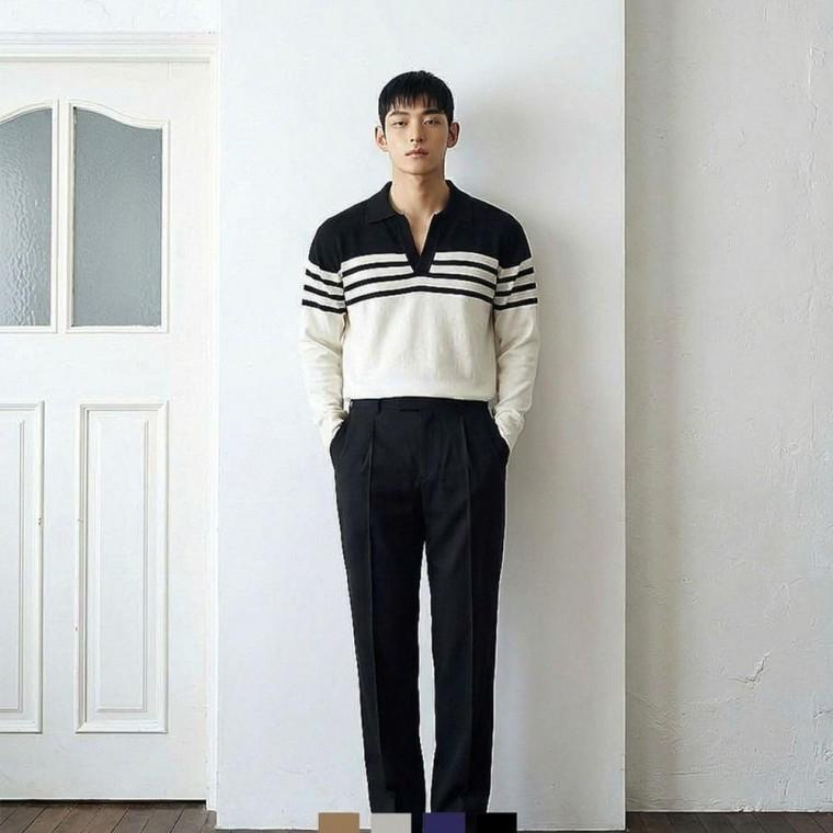 남성 배색 스트라이프 카라 니트 데일리 가을 긴팔 상의