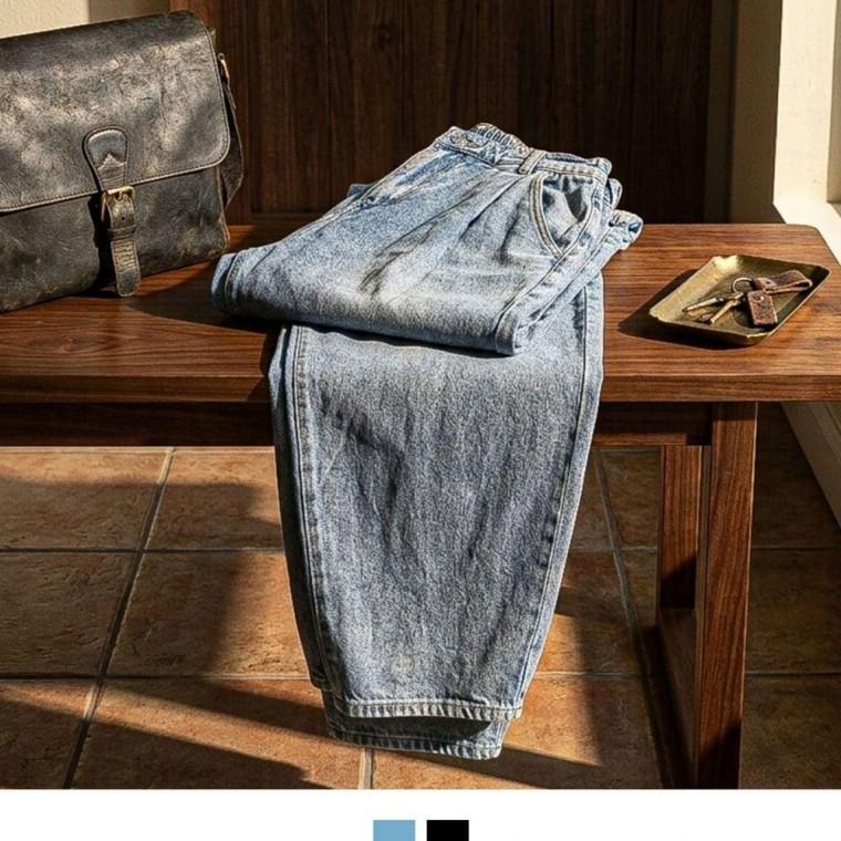 남성 커브드핏 와이드 핀턱 데님 팬츠 데일리 바지