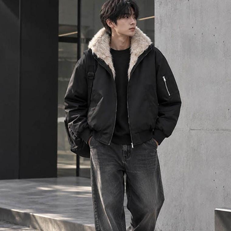 남성 넥라인 퍼 데일리 캐주얼 항공 점퍼 겨울 아우터