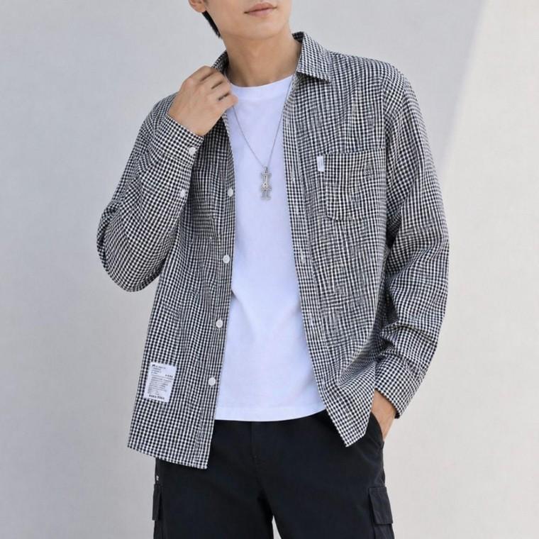 남성 깅엄 체크 패턴 캐주얼 외출 패션 레이어드 긴팔 셔츠