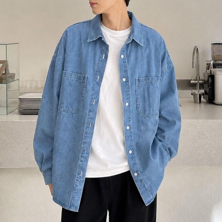남성 오버핏 워싱 포켓 캐주얼 데님 셔츠 긴팔 남방 상의