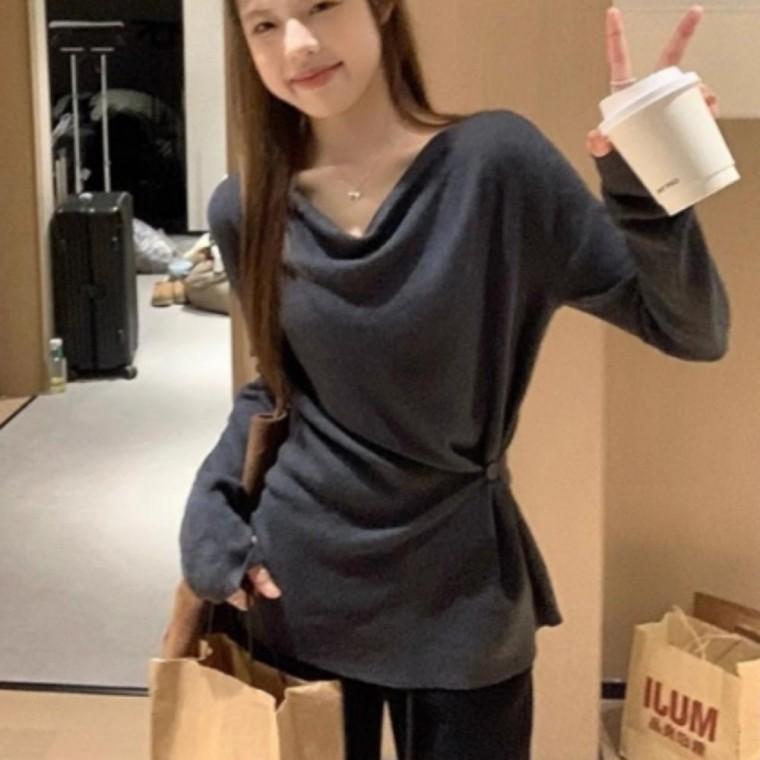 여성 겨울 레이어드 랩 스타일 드레이프 셔링 니트