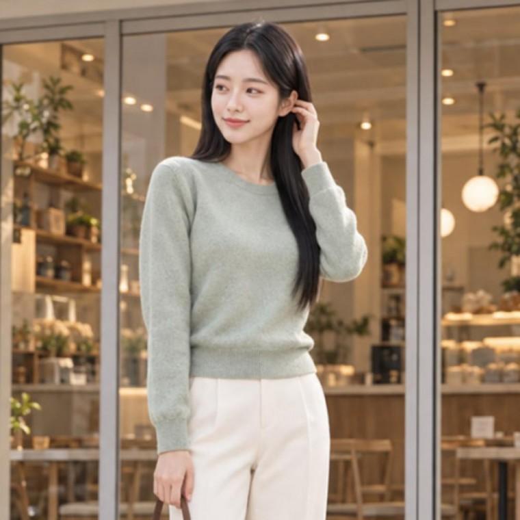 여성 가을 캐시미어 울 라운드넥 긴팔 얇은 니트 티셔츠