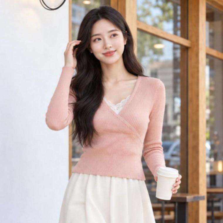 여성 가을 봄 페미닌 캐시 울 골지 랩 브이넥 니트