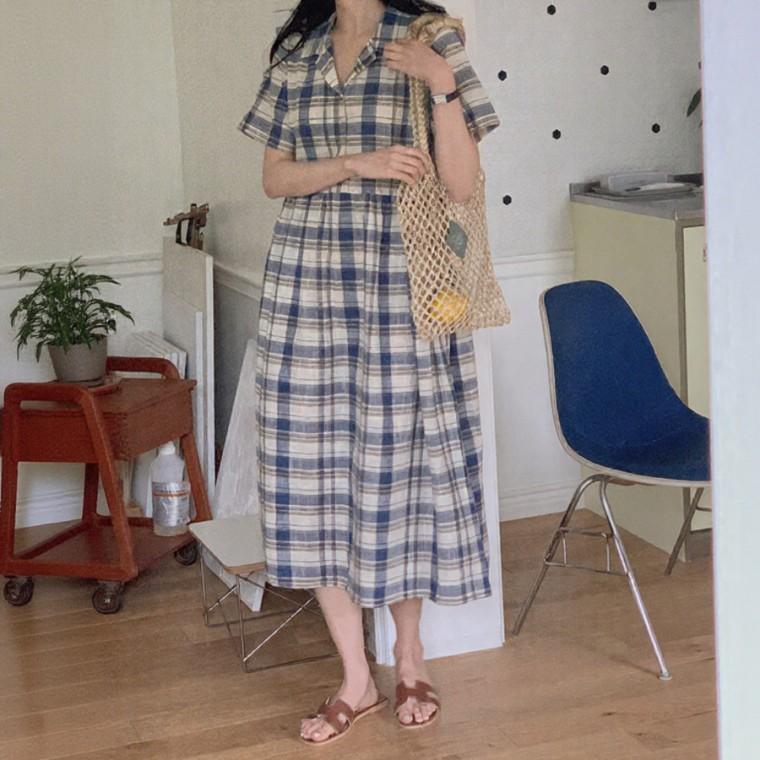 린넨 체크 롱 빅사이즈 임산부 원피스