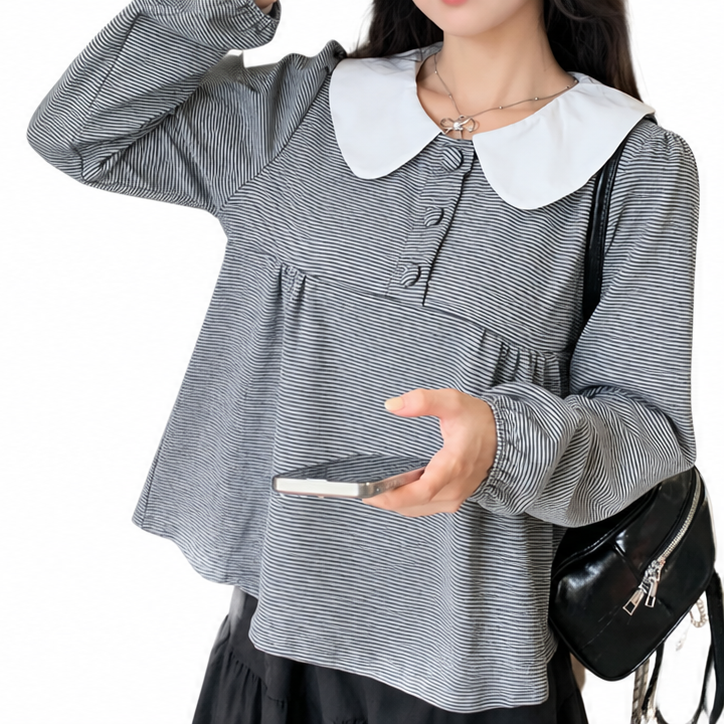 여성 출근룩 데일리 배색 카라 셔링 블라우스